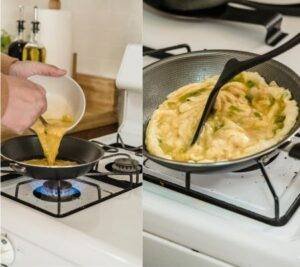 The making of scrambled eggs in the kitchen. 