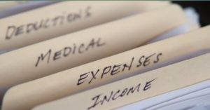 files labeled deductions, medical, expenses, and income