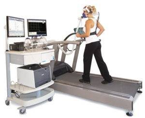 Woman undergoing cardiopulmonary exercise testing