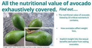 Nutritional value for avocado. different sizes of avocados placed side by side