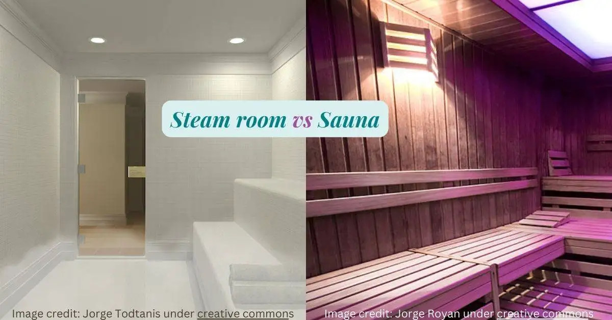 The difference between a steam room and a sauna. 1 Difference between a steam room and Sauna: A steam room and dry sauna placed side by side.
