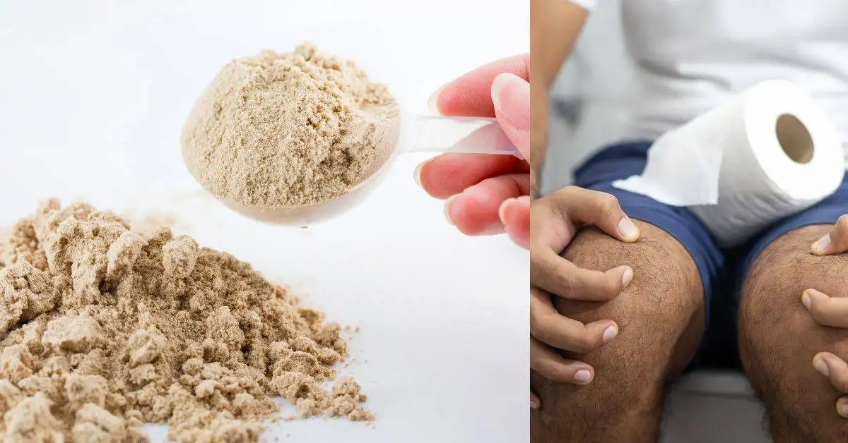 Will protein powder cause constipation? 1 Will protein powder cause constipation?: protein powder and a constipated man in the toilet trying to defecate.
