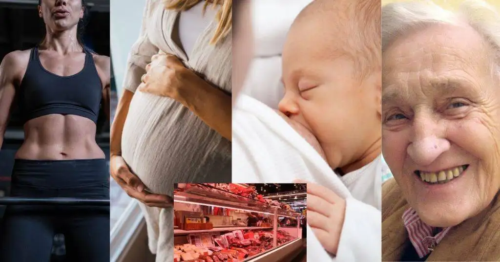 How much protein do women need. Image shows a muscular, pregnant, lactating, and an elderly woman.