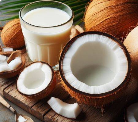 A glass of coconut milk on a wooden tray containing couple of whole and broken coconuts.