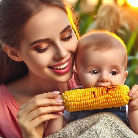 A young mother holding a piece of roasted corn to her baby's mouth.