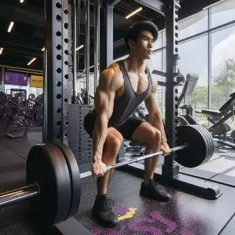 Deadlift at Planet Fitness. 2 A young body builder deadlift at Planet Fitness with a smith machine.