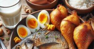 High protein and low carbohydrate diet: A dish containing roasted chicken, fish, boiled eggs, and a glass of milk.