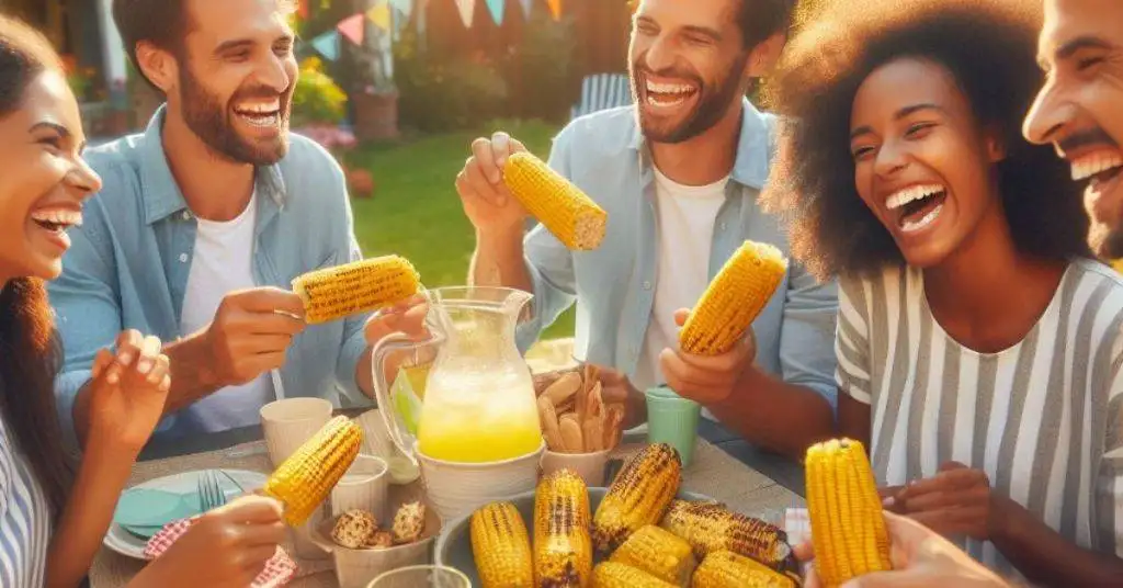 Protein in corns. 1 Protein in corns: Friends eating roasted corns gleefully