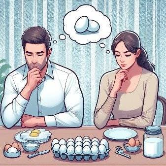 A couple at dinner table wondering how much eggs they should have for a meal.