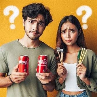 A couple with two cans of coke and straws but now wondering what to believe about Coca-Cola anymore.