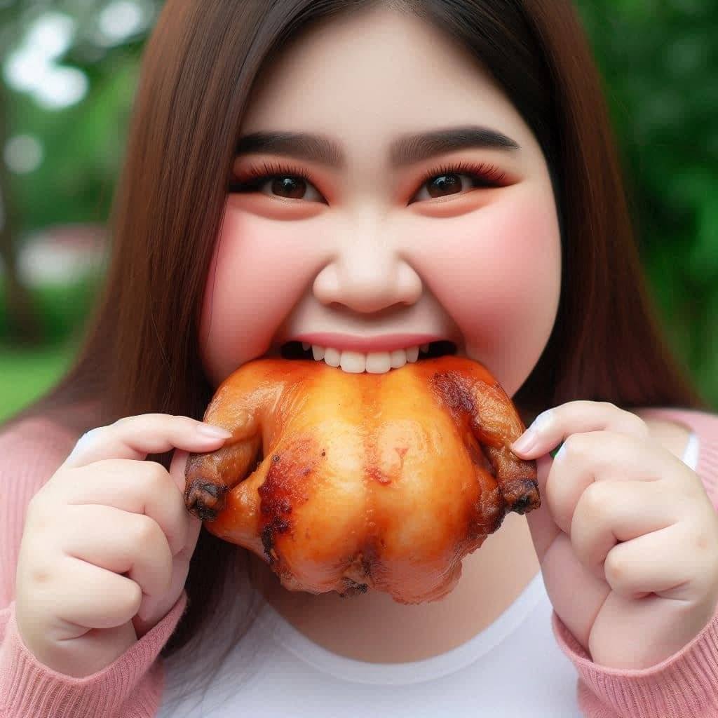 A smiling obese young girl taking a bit of roasted chicken for weight loss.