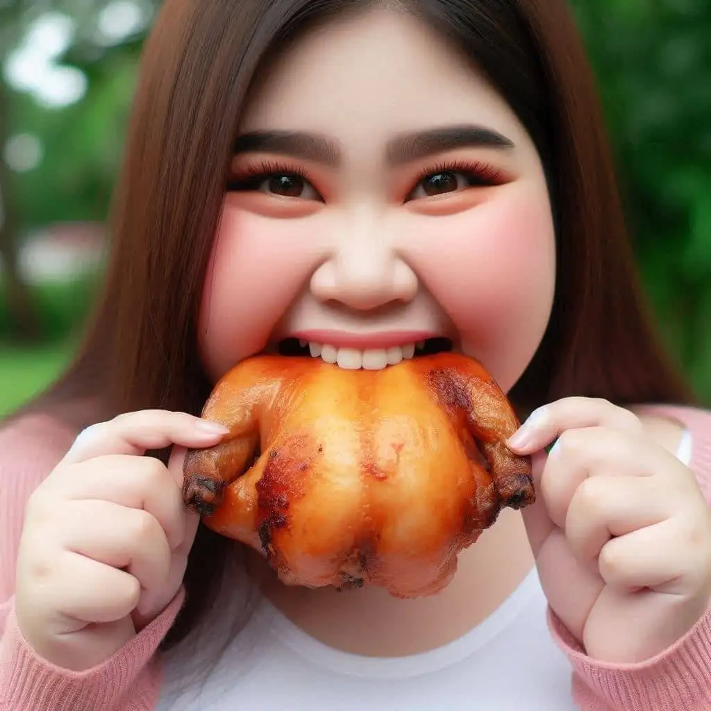 Weight loss protein intake. 3 A smiling obese young girl taking a bit of roasted chicken for weight loss.