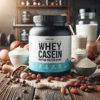 A plastic container of whey casein protein blend placed on a baker's table with with plant sources of protein.