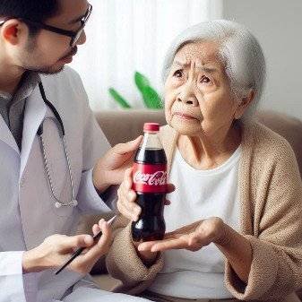 A worried looking elderly woman consulting her personal care physician on Coca-Cola.