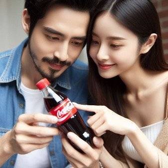 A young couple checking out the nutrition composition of a bottle of coke.