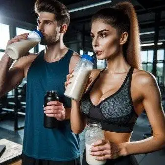 A couple taking protein shake after workout in a gym.