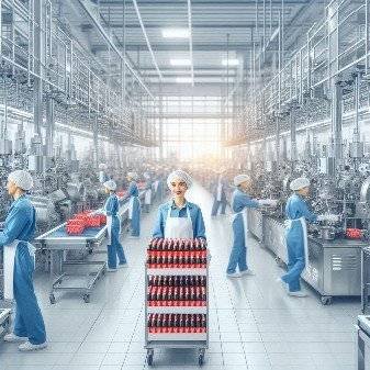 Inside a Coca-Cola factory with workers covering their hairs and a woman pushing a couple of cartons of coke in a trolley