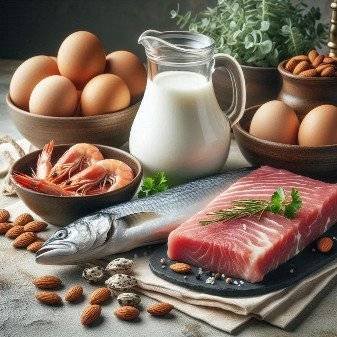 Image shows fresh fish, shrimps, almonds, a jug of almond milk, and eggs.