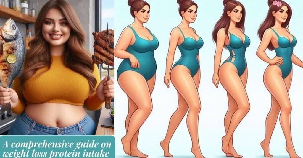 Weight loss protein intake: A woman to the left shows off roasted fish and grilled beef for weight loss and to the right are 4 images of the woman describing her weight loss journey as she sheds weight progressively.