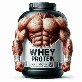 The ripped trunk and arms of a muscle builder inserted in a plastic container of whey protein.