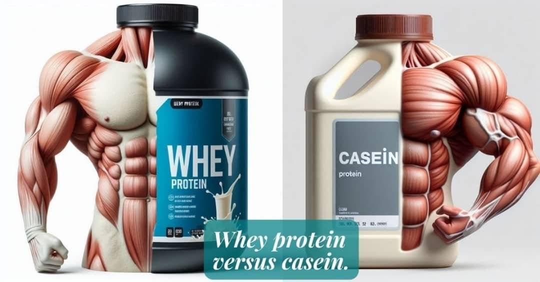 Whey protein versus casein: two images each made up of one half of the trunk and arm of a man's ripped trunk and arm and the other half made of the plastic container of whey protein and casein.