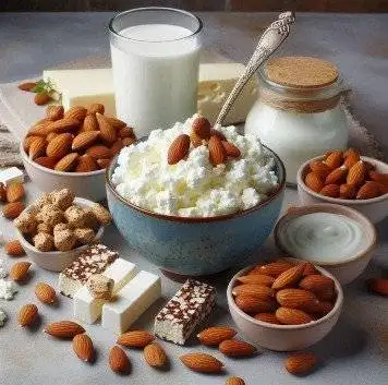 Image of cottage cheese, Greek yogurt, almonds, protein shake, and protein bars.