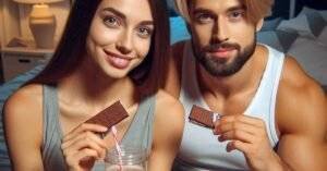 A young couple enjoying pre-bed protein bars and protein shake.