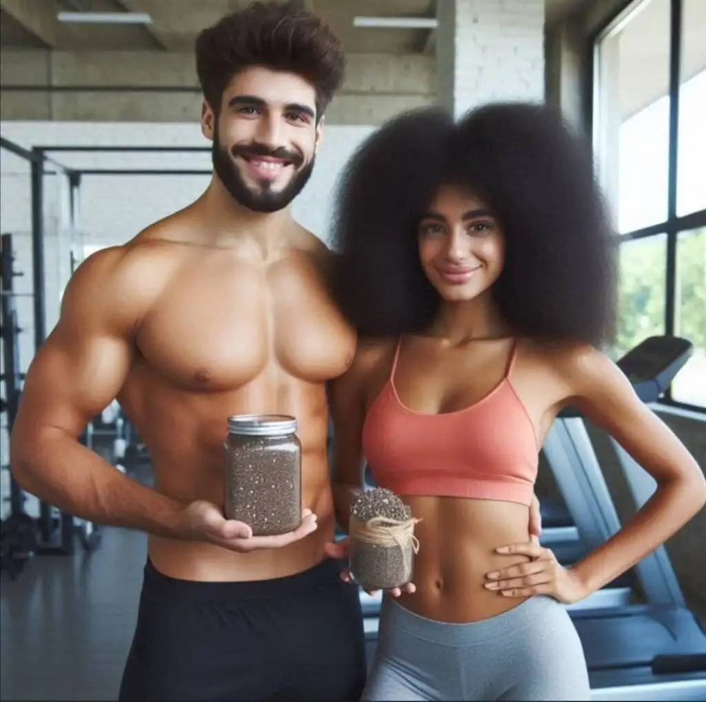 Weight loss and fitness experts standing in a gym with jars of chia seeds.